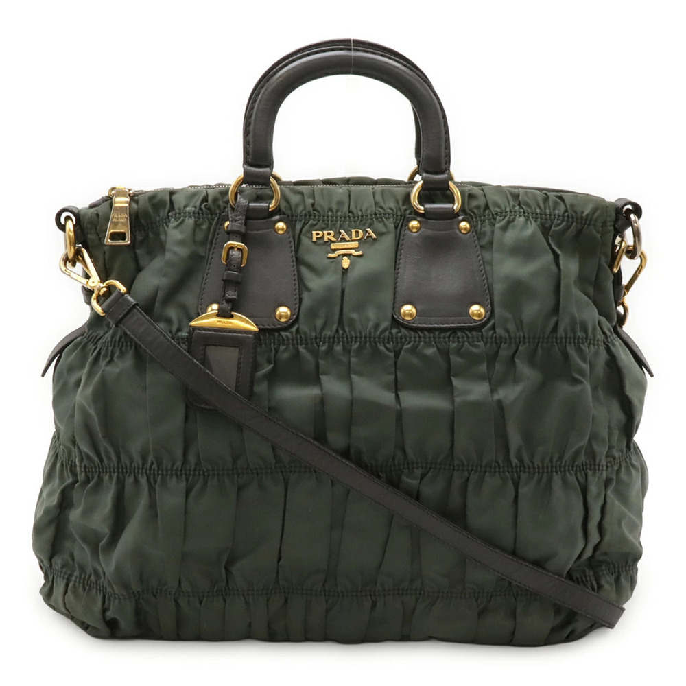 Prada Gathered Tote Bag 2way Crossbody Leather Gray Khaki Green